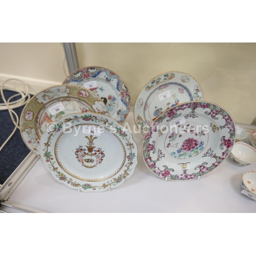 30 - Five Chinese famille rose plates, all 18th Century, including an armorial plate, 22.5cm; Mandarin st... 