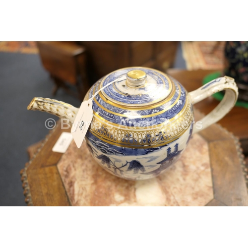 50 - Chinese blue and white bullet shaped teapot and cover, late 18th Century, decorated with a pagoda la... 