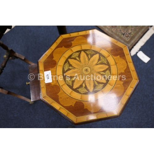 630 - Sheraton Revival mahogany and marquetry kettle stand, octagonal top centred with a flowerhead and se... 