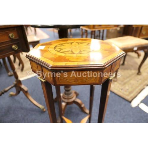 630 - Sheraton Revival mahogany and marquetry kettle stand, octagonal top centred with a flowerhead and se... 