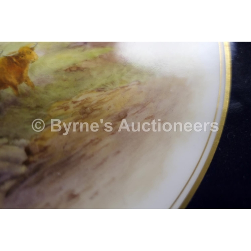 65 - Royal Worcester plate by James Stinton, dated 1926, decorated with highland cattle, within a deep co... 