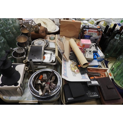 66 - Mixed household items including mixed silver plated wares, pewter tankards, modern cameras etc (2 tr... 