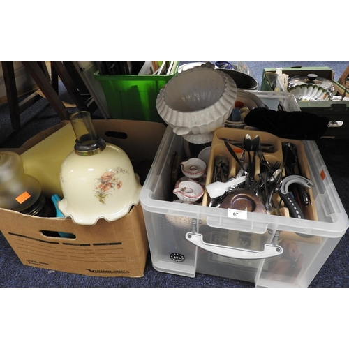 67 - Mixed household items including stainless steel cutlery, pottery, lamps etc AND A BOX OF HOUSEHOLD L... 