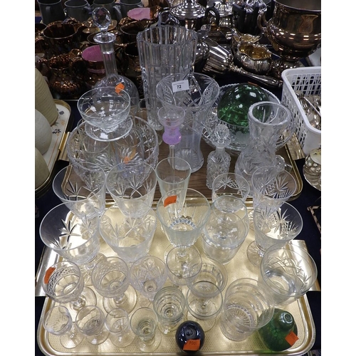 72 - Mixed glassware including decanter, vases, fish float, pedestal wines etc (2 trays)