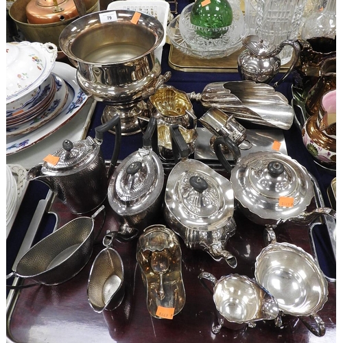 79 - Two silver plated three piece tea services, also a silver plated EPBM four piece tea service and oth... 