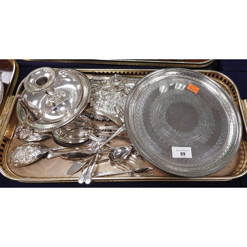 89 - Victorian silver plated salver, chamber stick, wick scissors, meat skewer and assorted loose cutlery