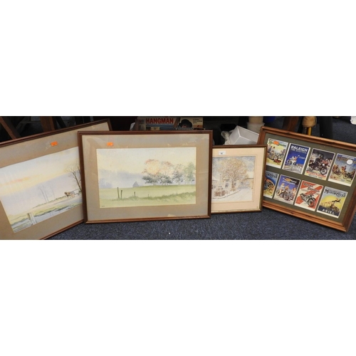 92 - Three framed watercolours and framed reproduction motorcycle advertising cards (4)