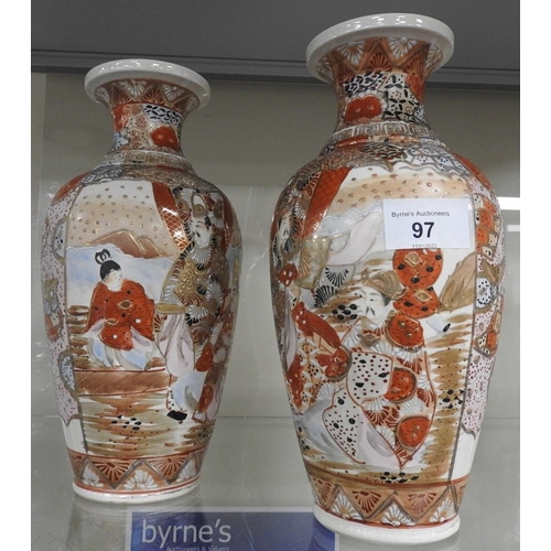 97 - Pair of Japanese satsuma earthenware vases, 25cm