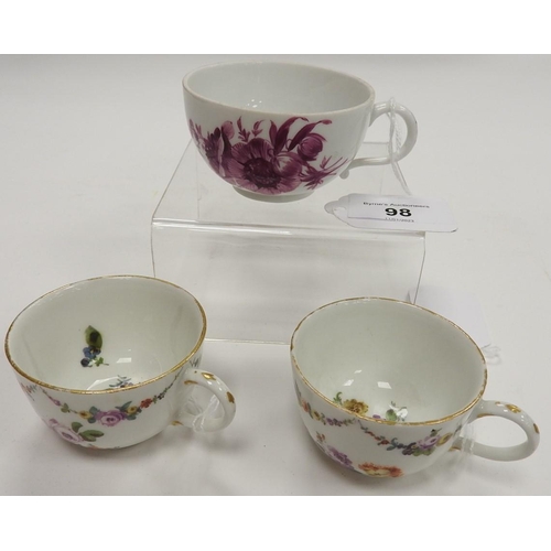 98 - Two Meissen small cabinet cups, late 19th Century, also a further puce decorated cup (3)