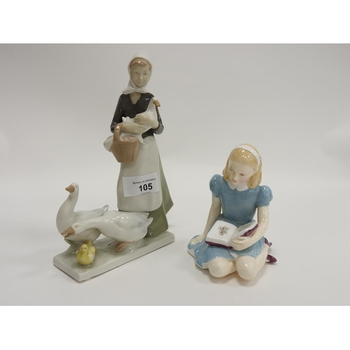 105 - Royal Doulton china figure 'Alice', also a Sitzendorf porcelain figure of a goose girl (2)