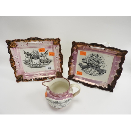 113 - Two Sunderland lustre plaques with Mariner's printware decoration, also a Sunderland lustre printwar... 