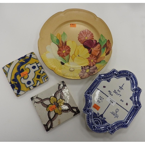 124 - Two 18th Century Portuguese tiles, also a DC delft blue and white plate and a Grays Pottery hand pai... 