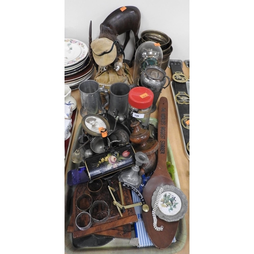 126 - Mixed items of metalware and a modern porcelain doll, anniversary clock etc