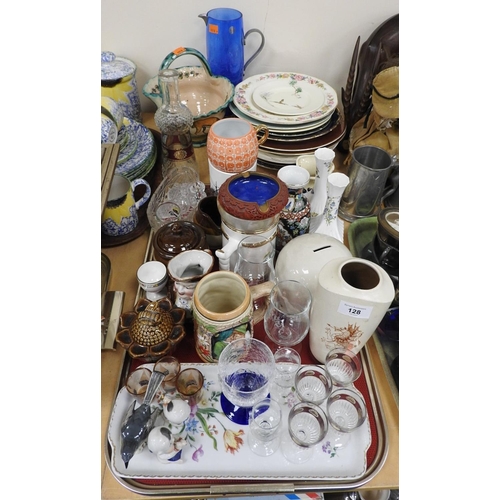 128 - Assorted ornamental pottery including various plates, continental table basket, glassware etc