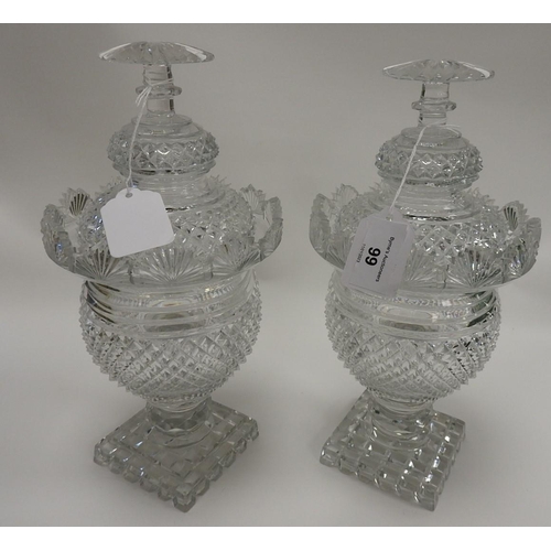 99 - Pair of Irish cut glass lidded jars, 19th Century,  height 29cm