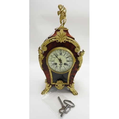 137 - French tortoiseshell and ormolu mantel clock, circa 1910, with keys, height 38cm, width 19cm
Please ... 