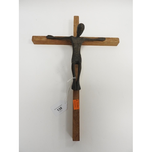 138 - Manner of Stephen Broadbent, bronze and oak crucifix, 40cm