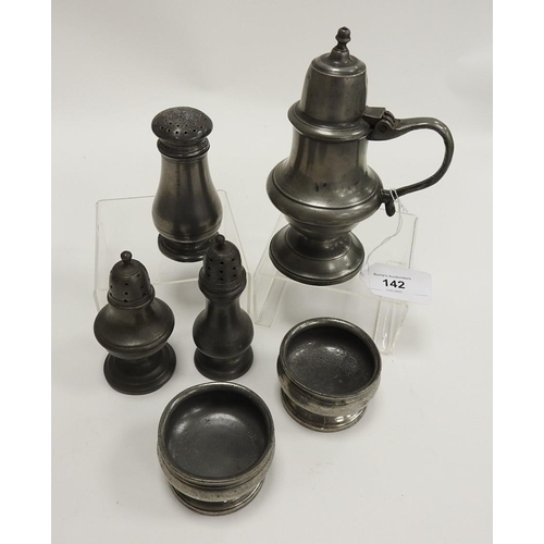 142 - Small assortment of 19th Century pewter items including three baluster pepperettes, a pair of London... 