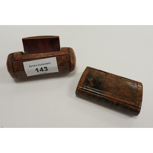 143 - Unusual burr wood snuff box, 8.5cm; also a burr wood snuff box, 7cm x 4.5cm (2)