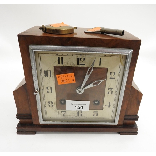 154 - Art Deco walnut mantel clock with pendulum, key and outer card box