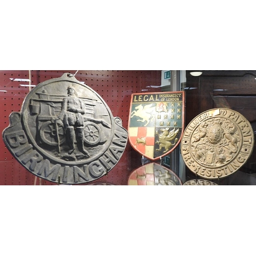 155 - Reproduction Birmingham lead fire mark; also a Legal Insurance pressed metal plate and a Milner's sa... 