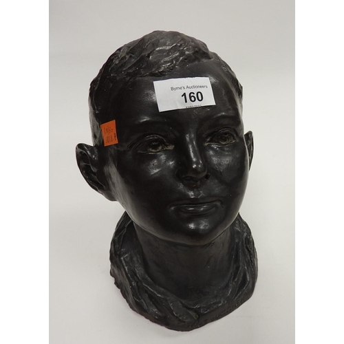 160 - Girtie Hampson, stoneware bust of a boy, titled 'The Watcher', height 23cm, probably Second World Wa... 