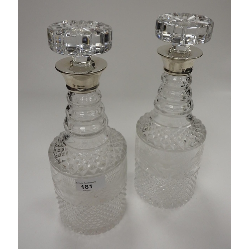 181 - Pair of modern silver mounted cut glass mallet decanters, the collars hallmarked Birmingham 1978, he... 