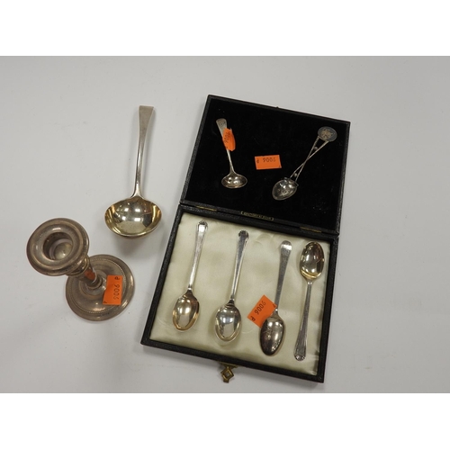 188 - Victorian silver sauce ladle, London 1869, four silver teaspoons incomplete in a case, silver mustar... 