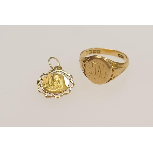 210 - 18ct gold signet ring, hallmarked Birmingham 1916, engraved with initials, ring size 'P', weight 5.7... 