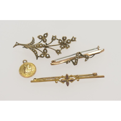 212 - 9ct gold and seed pearl spray brooch (af), two 9ct gold bar brooches and a 9ct gold St. Christopher ... 