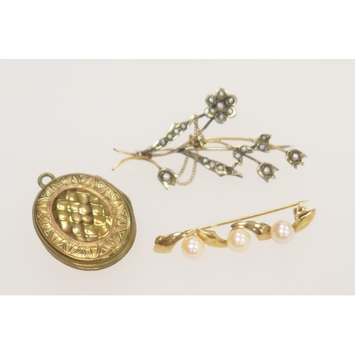 233 - 9ct gold and seed pearl spray brooch; also a modern 9ct gold and cultured pearl bar brooch and a gol... 