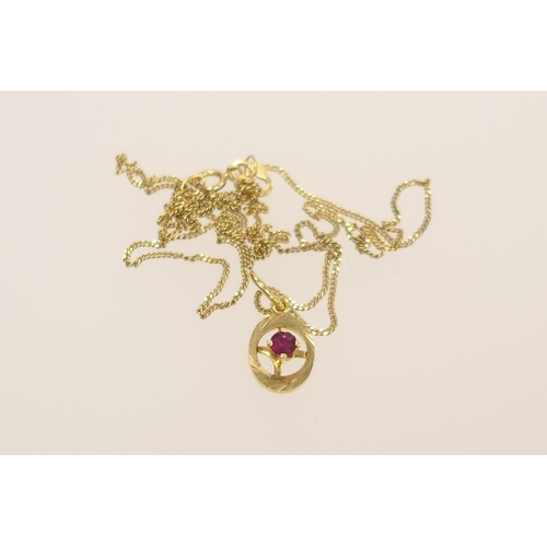 234 - 9ct gold fine curb link choker necklace supporting a garnet pendant, gross weight 1.7g