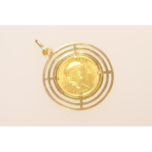 235 - George V sovereign 1912 set within an 18ct gold centric circle pendant mount, gross weight 13.7g