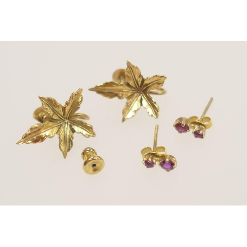 238 - Pair of 9ct gold leaf form earrings; also a pair of 9ct gold and ruby two stone earrings (4), gross ... 