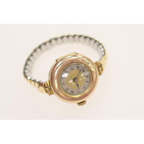 240 - Lady's vintage 9ct gold cased wristwatch with 9ct gold dust cover on a later expandable bracelet, gr... 