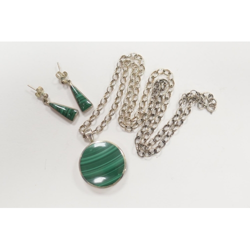 250 - Silver and malachite pendant necklace and a pair of silver and malachite pendant earrings