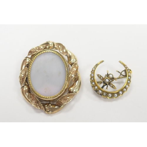 257 - Edwardian crescent and bee brooch set with seed pearls, 25mm; also a Victorian swivel double picture... 