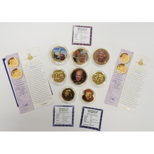 301 - Number of royal commemorative gold plated cupro-nickel coins, four being picture coins; also an RBL ... 