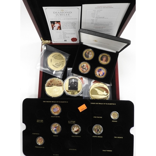 305 - Queen Elizabeth II 90th Birthday photographic £5 four coin set; also two Winston Churchill gold plat... 