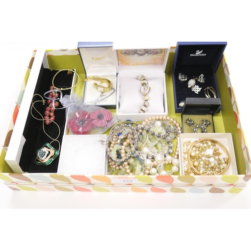 315 - Assortment of costume jewellery including ladies' fashion wristwatches, beaded necklaces, brooches e... 