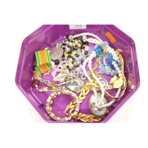 319 - Tub of mixed costume jewellery including Second World War Victory medal