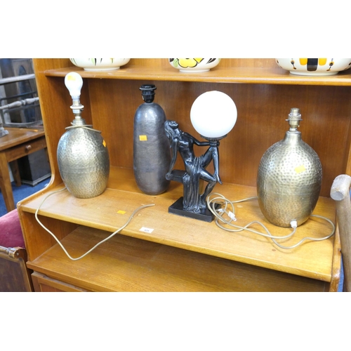 428 - Pair of Laura Ashley hammered metal table lamps, a further hammered metal table lamp and a figural t... 