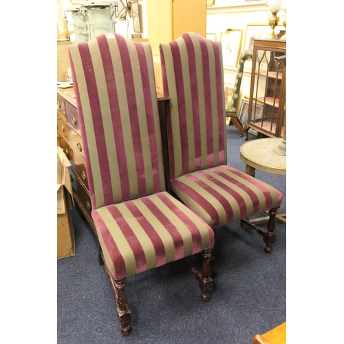 430 - Pair of upholstered high back chairs in purple and green striped fabric