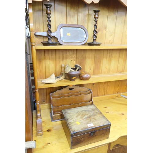 441 - Victorian mahogany box, stationery rack, wooden framed hand mirror, pair of oak barley twist candles... 