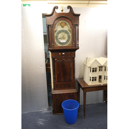 448 - 19th Century mahogany eight day long case clock with painted moon phase dial, pendulum and two weigh... 