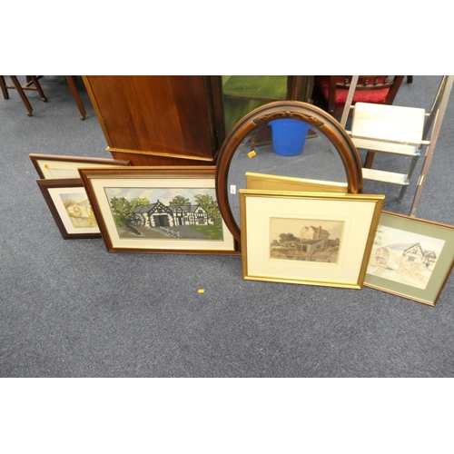 451 - Mahogany framed oval bevelled glass wall mirror and various framed pictures and prints including vie... 