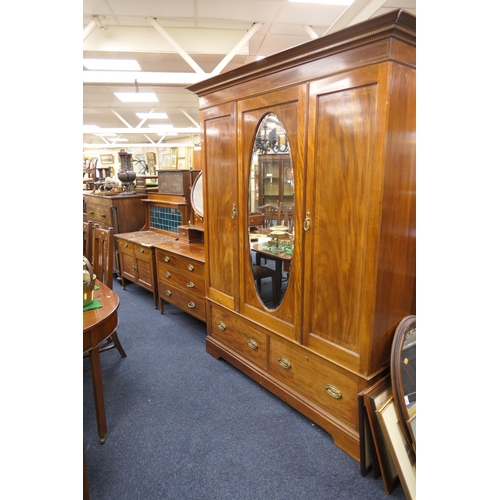 490 - Edwardian mahogany and inlaid three piece bedroom suite comprising mirrored triple wardrobe, height ... 