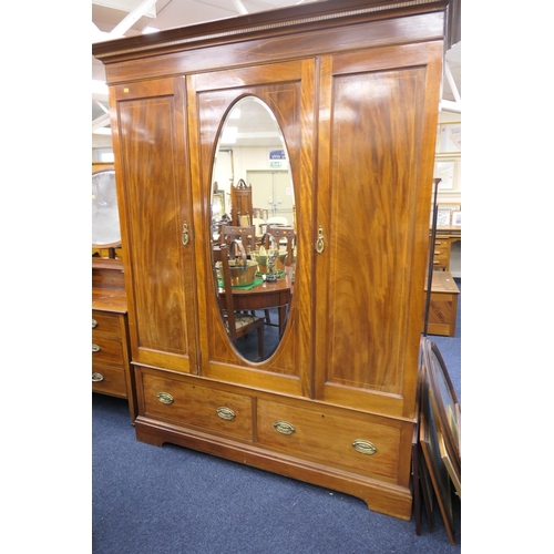 490 - Edwardian mahogany and inlaid three piece bedroom suite comprising mirrored triple wardrobe, height ... 