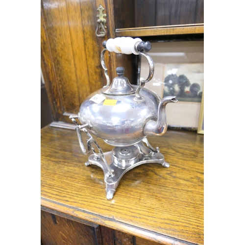 501 - Victorian silver plated spirit kettle on stand