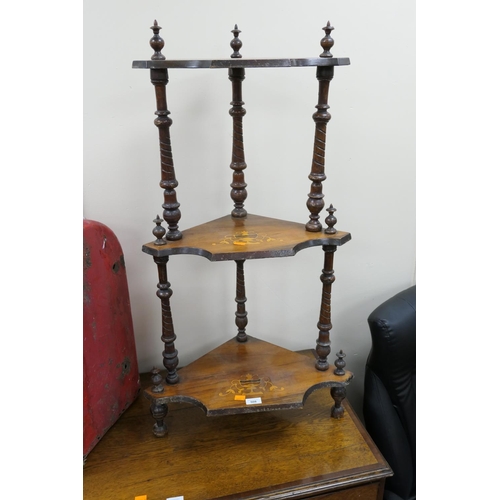 508 - Victorian walnut and inlaid three tier corner whatnot